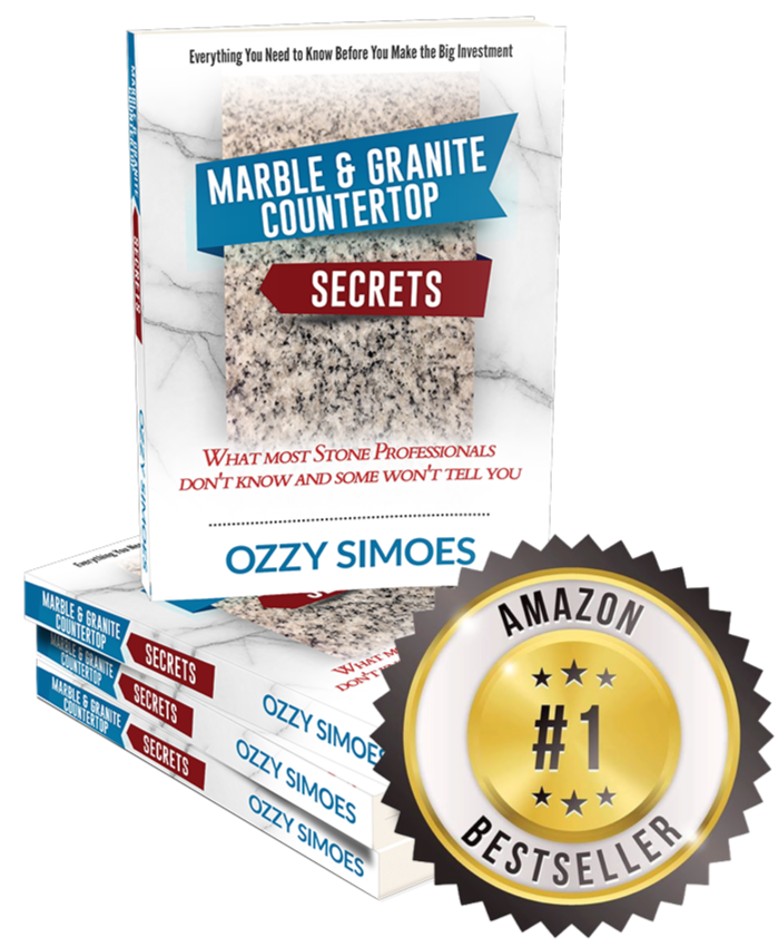 Marble & Granite Countertop Secrets book cover displayed on top of 3 books with Amazon #1 Bestseller badge