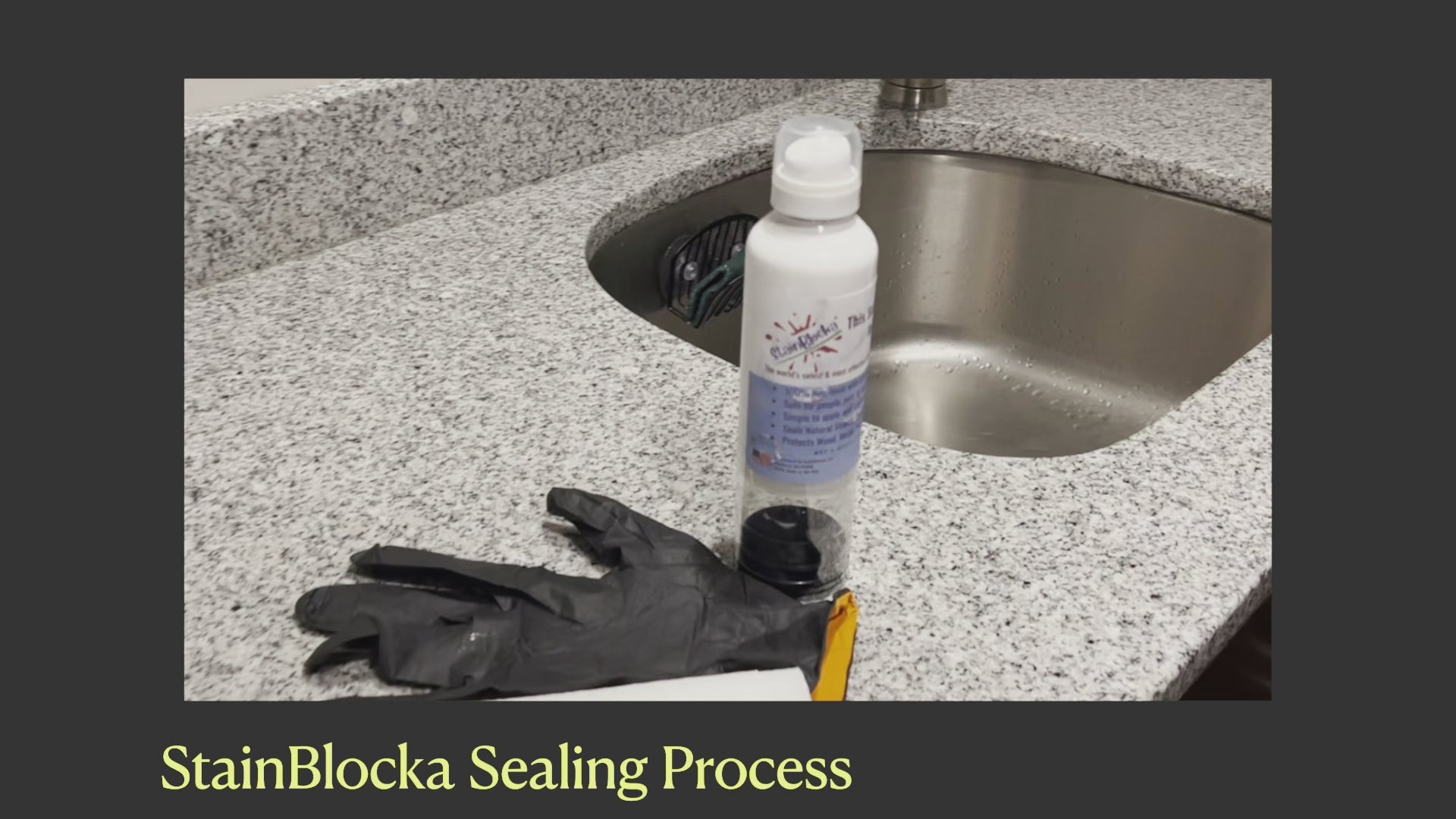 Video demonstrating the application process for the StainBlocka Sealer on a White Pearl polished Granite kitchen countertop