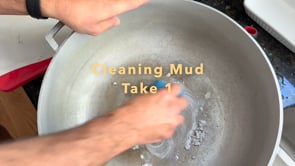 Cleaning Mud demo video showing the process of removing built up stains on a aluminum pot  and the final result with the completely clean pot